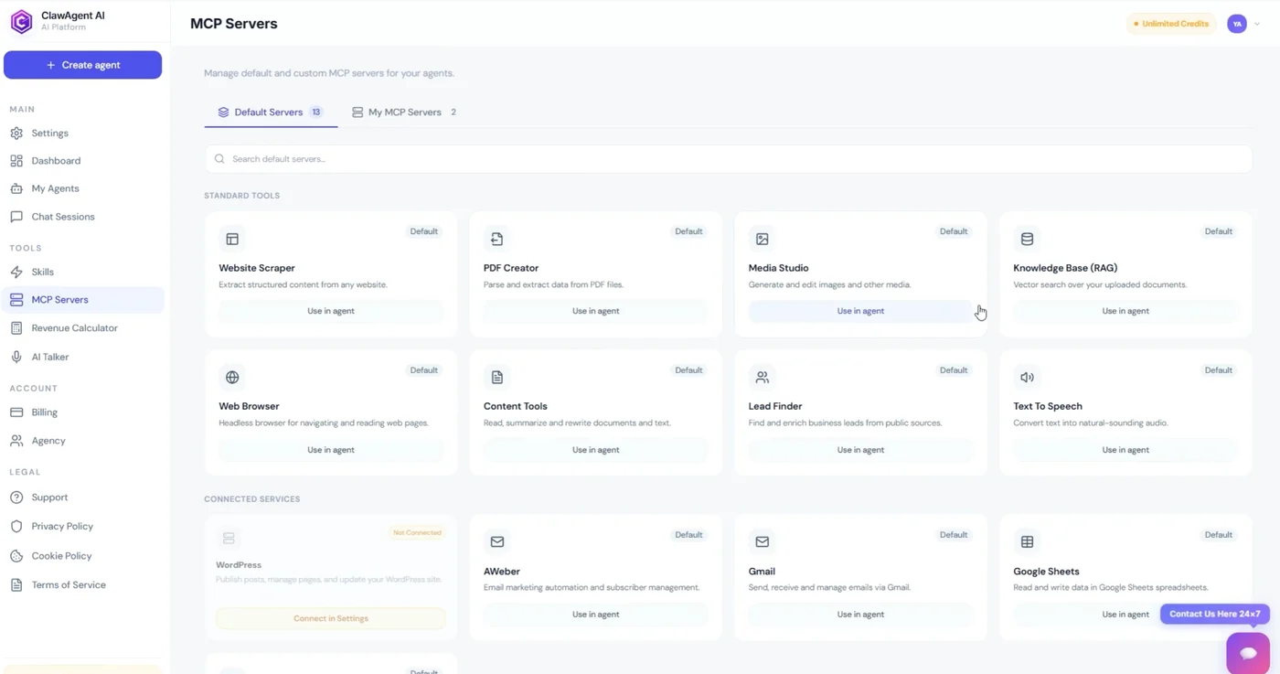 Claw Agents AI agent library and skills interface showing built-in tools such as Website Scraper, Lead Finder, and Gmail